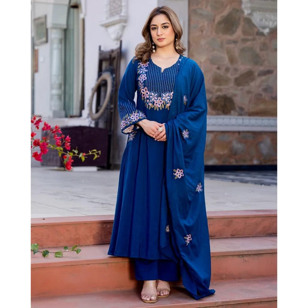 Women Aline Embroidery Kurti Pant Dupatta Set Pakistani Party Wear Top Kurta Set