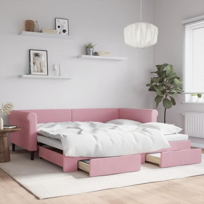 VidaXL Daybed with Trundle and Drawers Pink 100x200 Cm Velvet 3197829