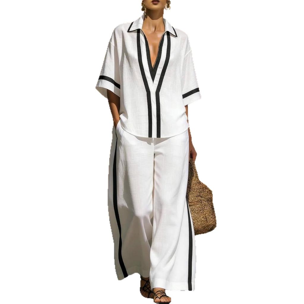 Women Striped Lapel Short Sleeve Shirt And Wide Leg Pants Set Casual Loose Fit Summer Tracksuit