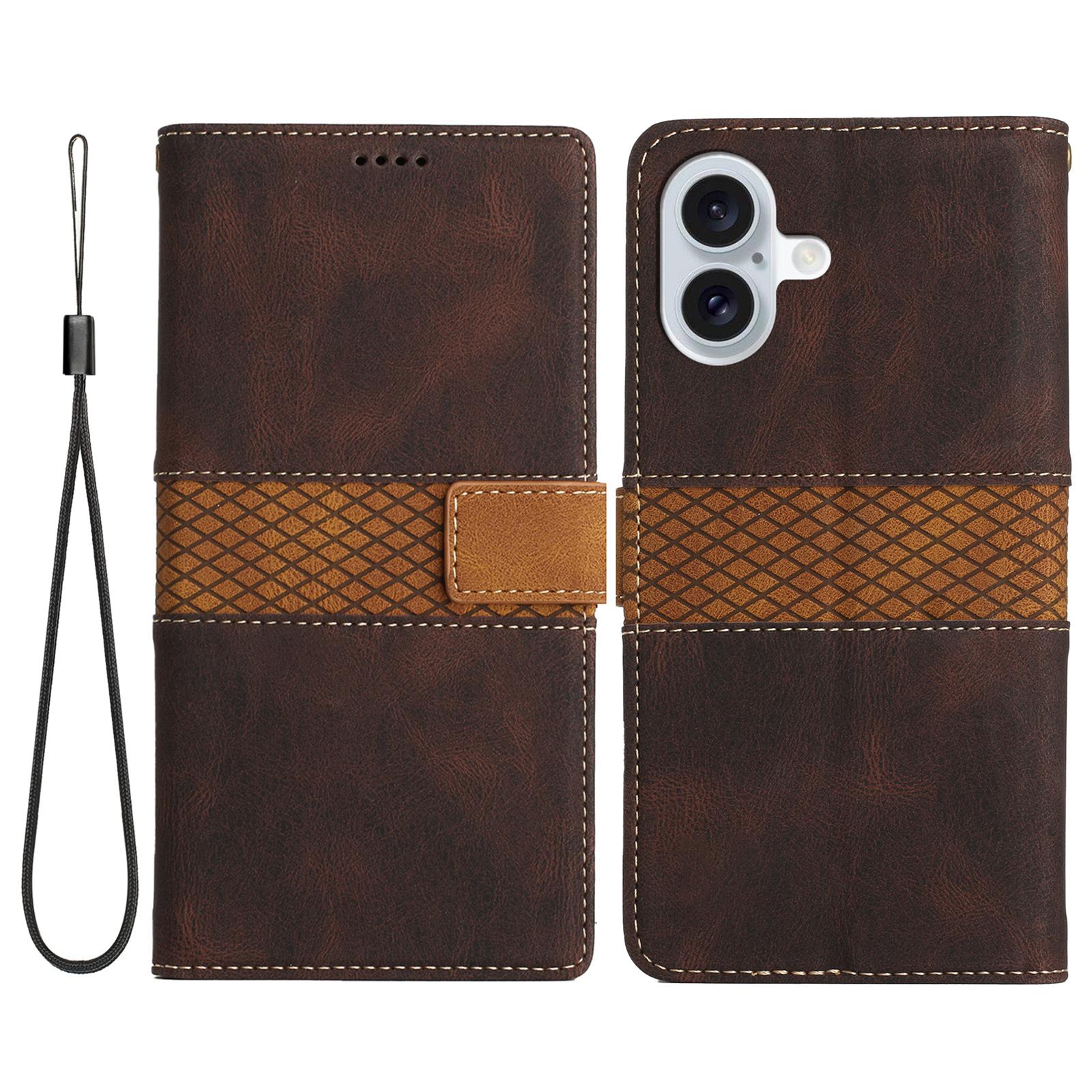 

For iPhone 16 Plus Case Wallet Stand Grid Splicing Phone Leather Cover Brown