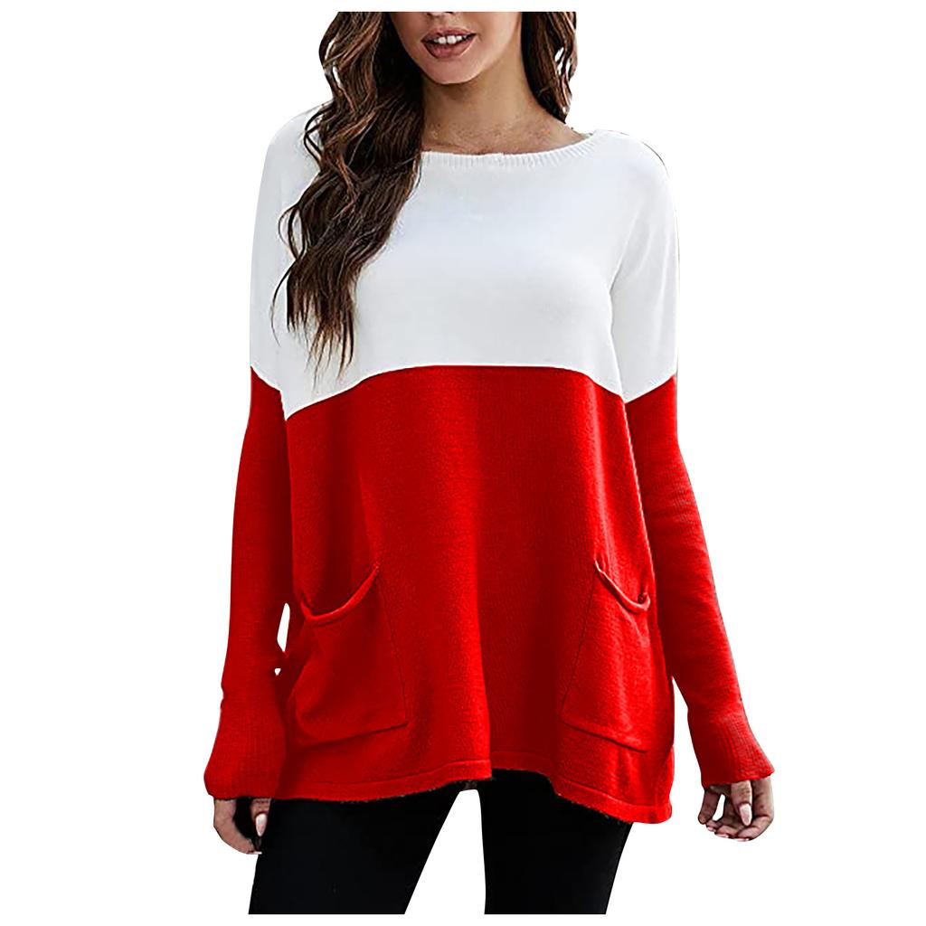 Women’s Causal Loose Pockets Sweater Color Block Knit Pullover Off Shoulder Tops