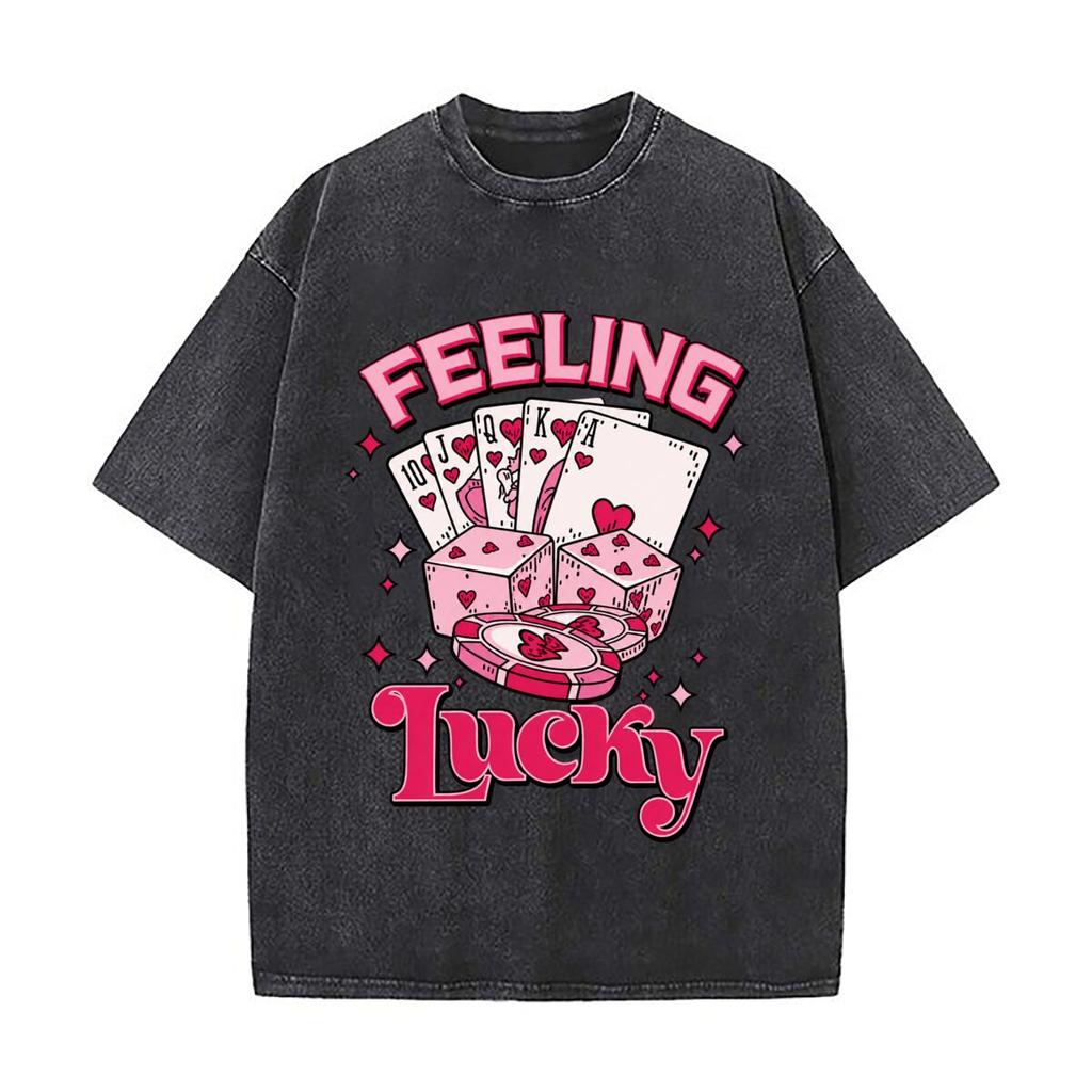 Feeling Lucky Pink Poker Cards Dice Chips Hearts Washed Short Sleeve Loose Streetwear Tee Hip Hop