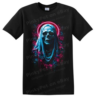 Neon Grim Reaper Skull T Shirt Gothic Graffiti Horror Art Halloween Tee Style