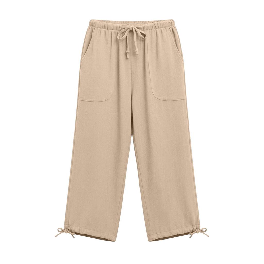Damen Elastische Hohe Taille 3/4 Hose Lässige Passform Weite Capri-Hosen mit Taschen