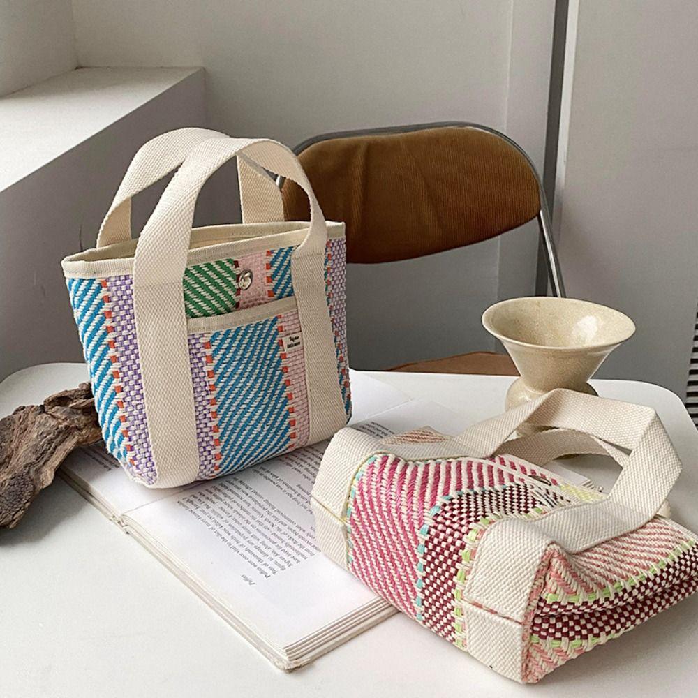 

Large Capacity Straw Bag Stripe Lunch Bag Portable Weave Handbag Travel синій