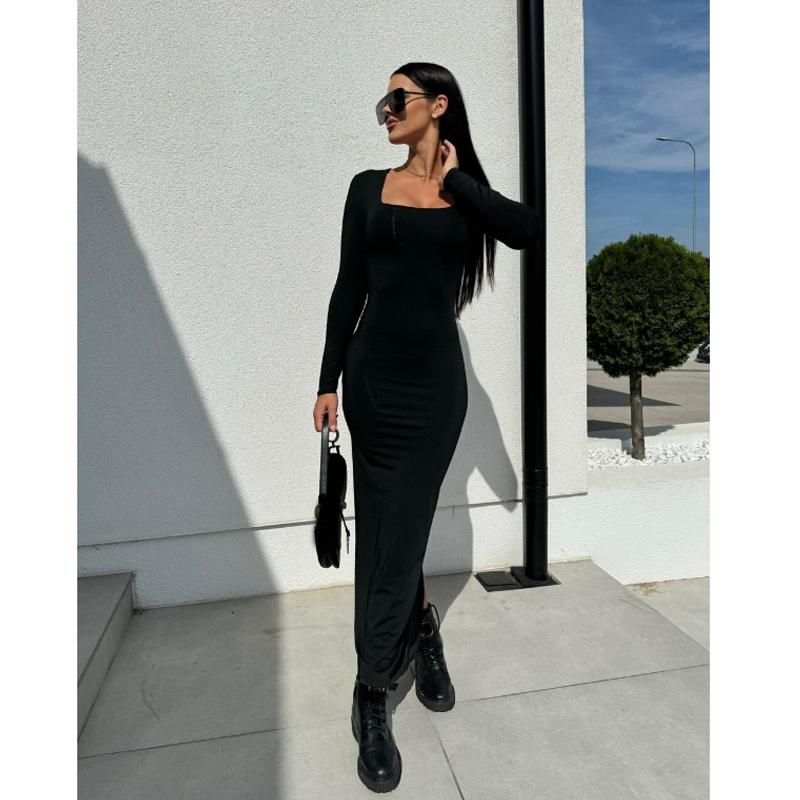 Elegant Sexy Casual Square Collar Dresses Women Fashion Autumn Black Slim Fit Leopard Print Dress Women Vintage Loose Party Club Lady Long Dress 25243