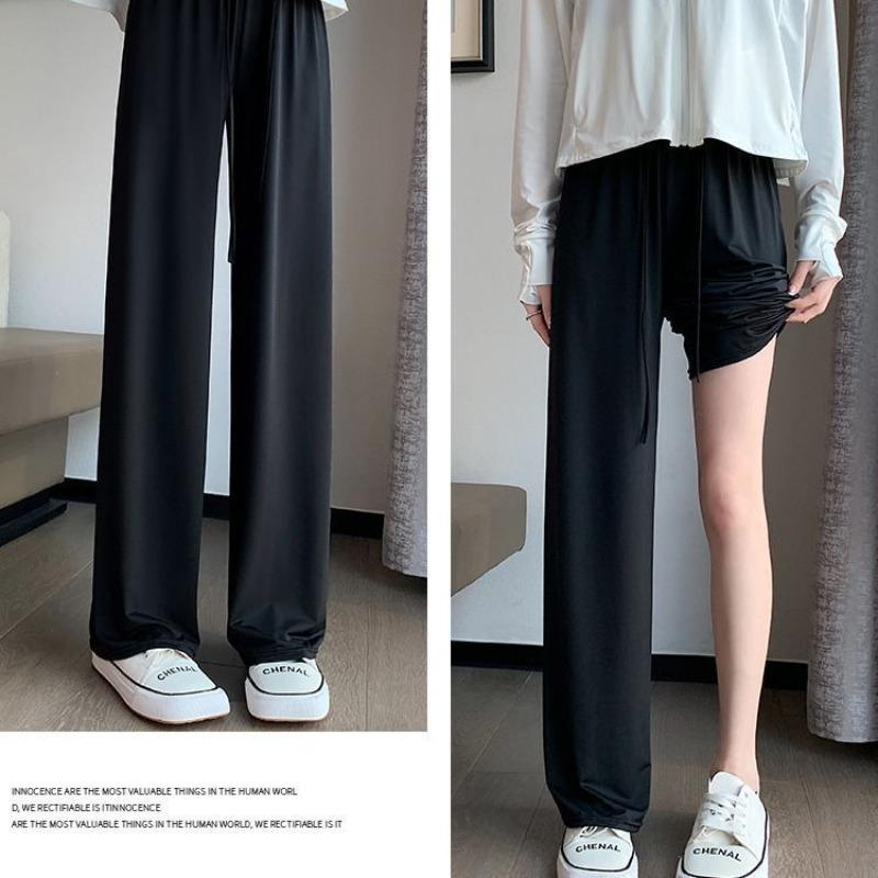 Ice Silk Sunscreen Wide-leg Pants Women's Summer Thin Drawstring Quick-drying Straight Casual Pants Drape Thin Cool Sunscreen Pants