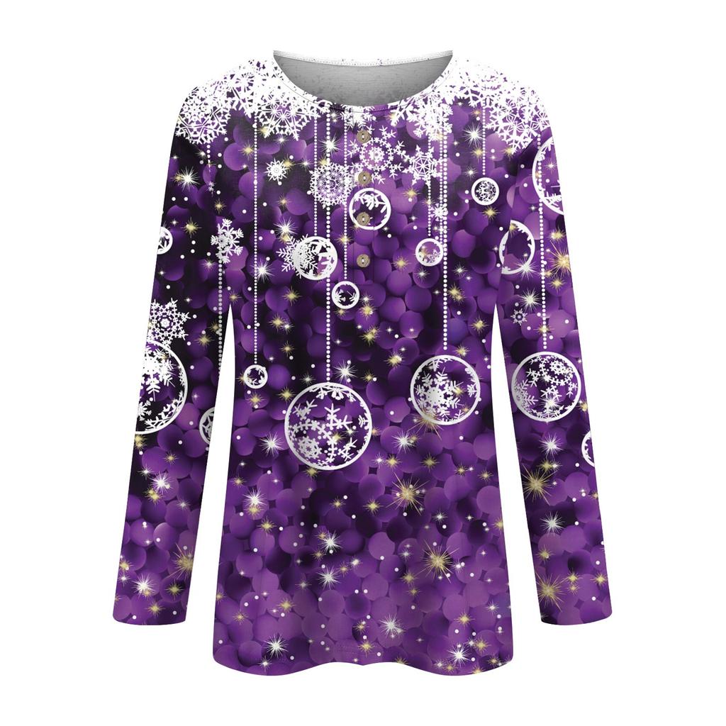 Women's Casual Christmas Printing Button Neck Long Sleeved Pullover Top Blouse