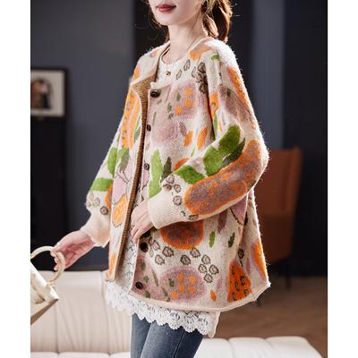DIMANAF 2025 Flower Sweaters Cardigan Autumn Women Print O-Neck Sweaters Knitting Loose Orange Sweater