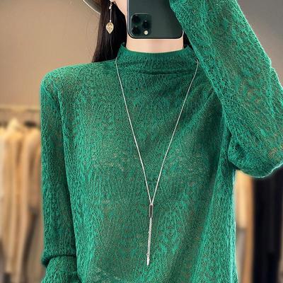 2025 Frühling Kammgarn Strickpullover: Halbhoher Kragen, Langarm, Pullover mit floralem Lochmuster