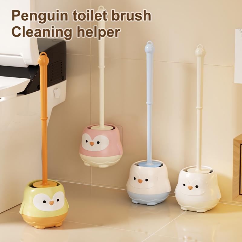Cute Cartoon Penguin Toilet Brush Set, Wall-mounted Long Handle Cleaner with Holder, No-dead-angle Bathroom Cleaning Tool