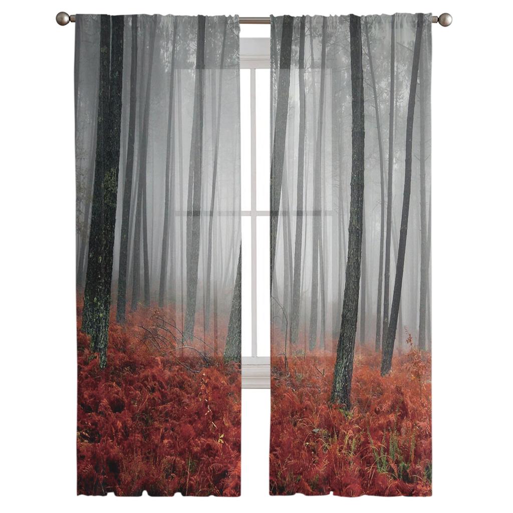 Red Leaves Forest Sheer Curtains for Living Room Modern Voile Curtain Bedroom Tulle Curtains Window Drapes Decor