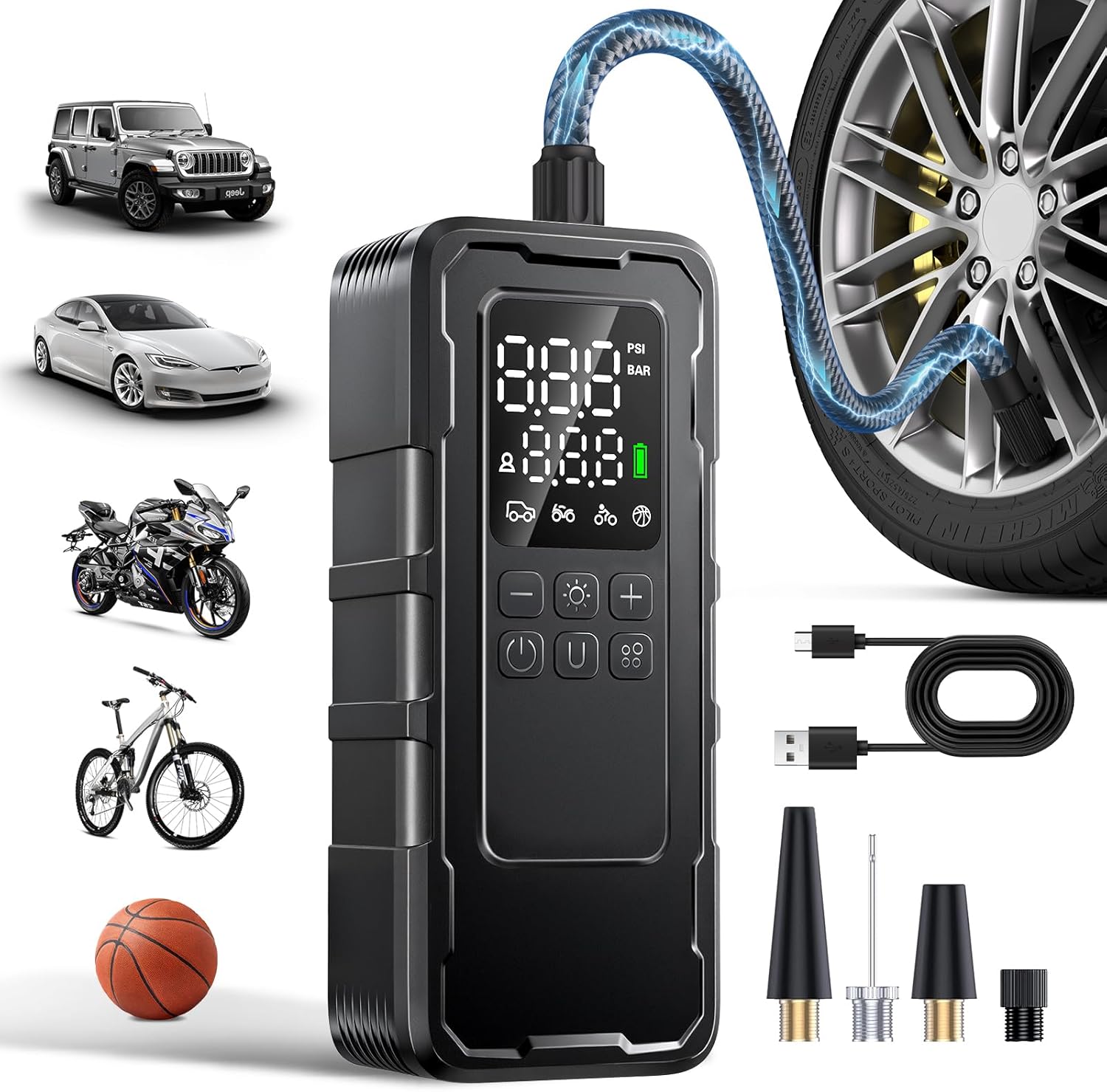 

Portable Air Compressor 160 PSI, Cordless Tire Inflator with Gauge for Car, Motorcycle, Bicycle матовый черный