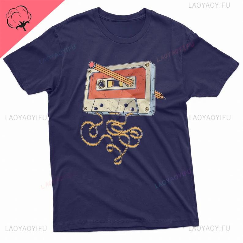 Men's Vintage Cassette Tape with Pencil T-shirt 80s 90s Born Nostalgic Birthday Gift Christmas Funny Tee Summer Summer Clothing