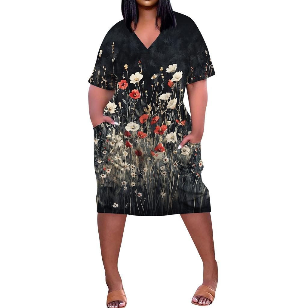 Summer Plus Size V Neck Short Sleeve Knee Pocket  Print Casual Dress For Women