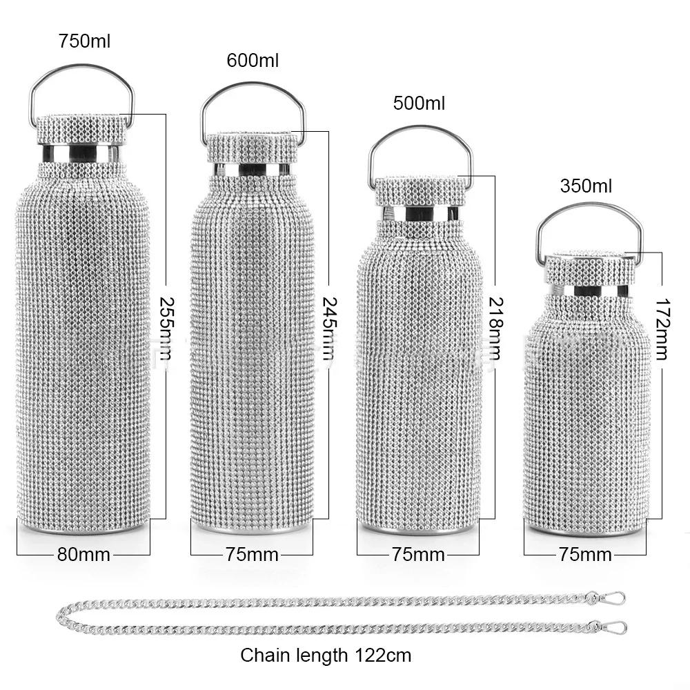 500/600/750/1000ml Diamond Thermos Bottle With 2pcs Chain Portable Rhinestone Water Bottle Stainless Steel Thermal Vacuum Flask