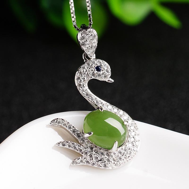 

Sterling Silver Hetian Jade Swan Pendant Necklace for Women 925 Silver