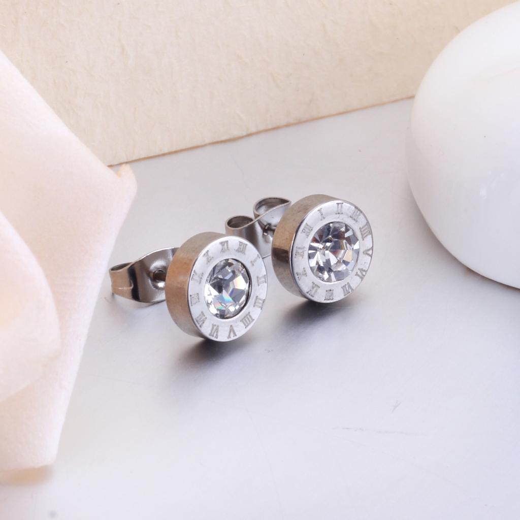 Stainless Steel Acrylic Crystal Stud Earrings for Women Men Punk Roman Number Clear Black CZ Bling Fashion Ear Jewelry