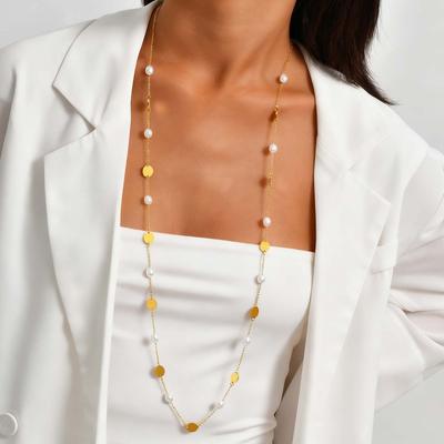 Exaggerated Personality Design Long Chain Imitation Pearl Necklace for Women, Gold Plated Stainless Steel Chain Party Jewelry