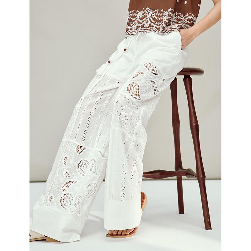 INMAN Resort Style White Embroidered Wide-Leg Pants