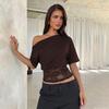 Women Sexy Slanted Neck Off Shoulder Short Sleeve Lace Patchwork Waist Cinched Cropped T Shirt