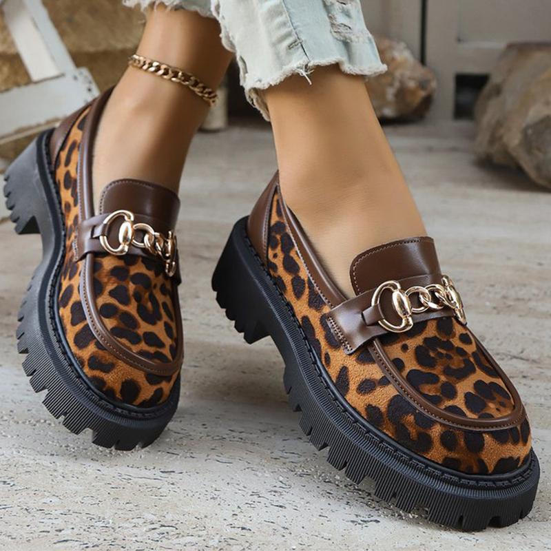 Retro Suede Leopard Loafers Shoes for Women Metal Decoration Round Toe Women's Loafers Casual Chunky Platform Shoes Lady