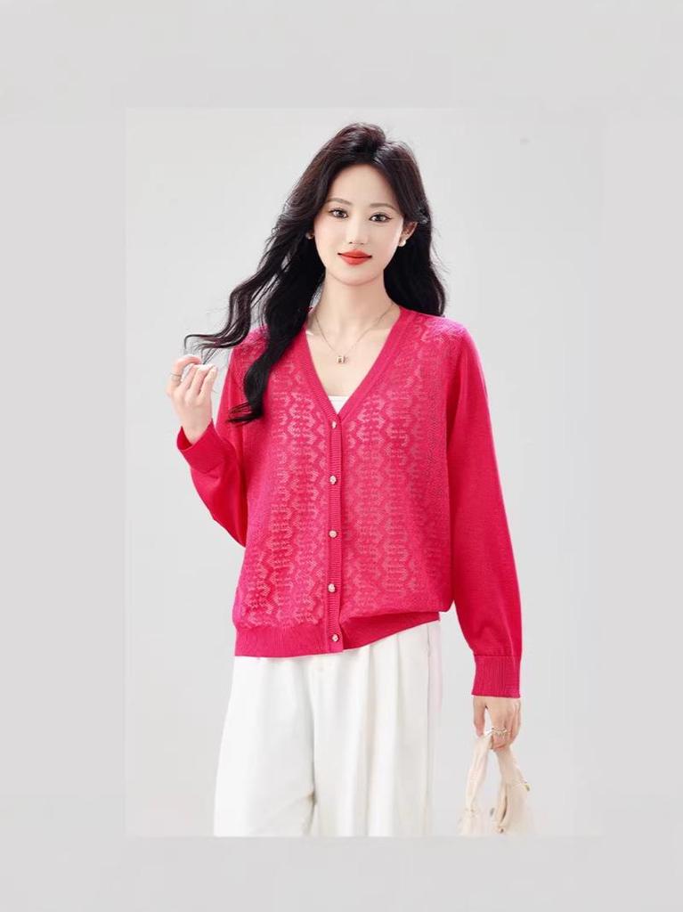 Plus Size Women's 2026 Spring Long Sleeve Knit Cardigan - Thin, Single-Breasted, Korean-Style Hollow Sweater
