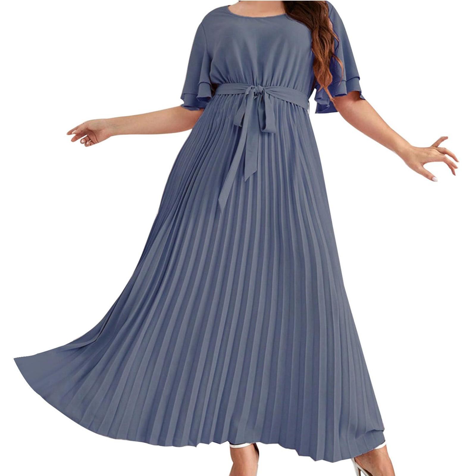 

Женское платье с плиссировкой и поясом, с короткими рукавами и высокой талией, элегантное платье с воротником-стойкой и складками XXXL синий