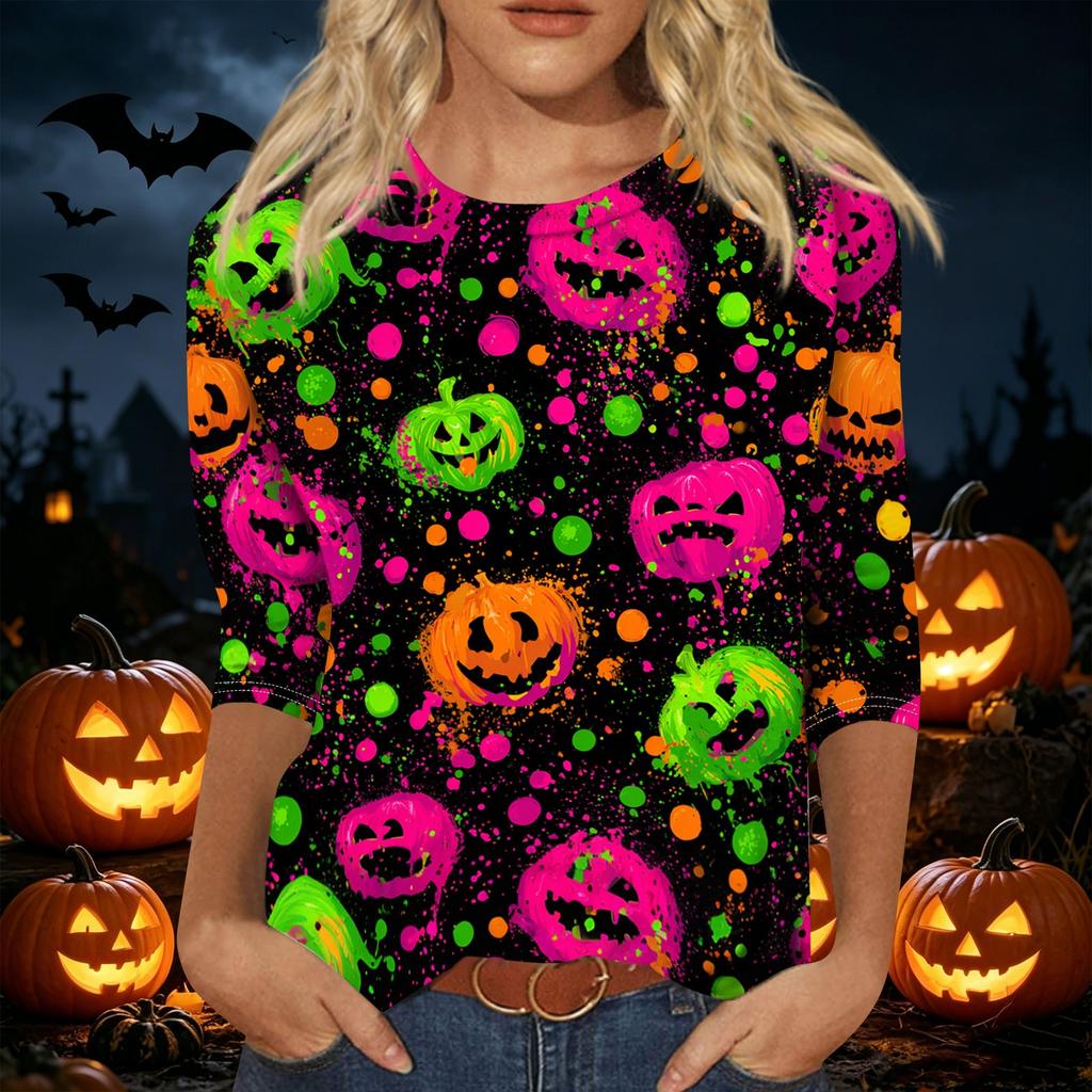 Women's Halloween Print 3/4 Sleeve Shirt Round Neck Loose Casual Top T-Shirt Suitable for Everyday Wear and Seasonal Events