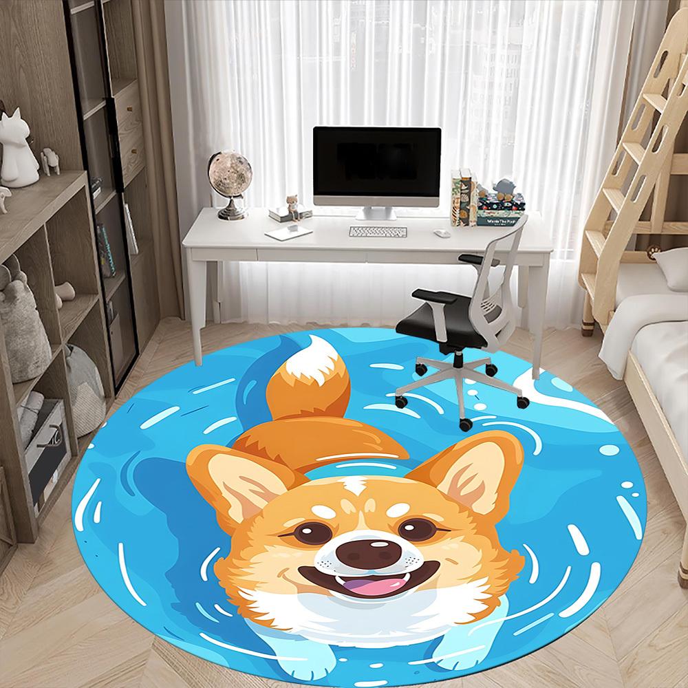 1PC Corgi Office Round Area Rug, Indoor Mat Suitable ForOffice, Under Office Chairs Bedroom Living Room Home Decor, Room Deco, D029
