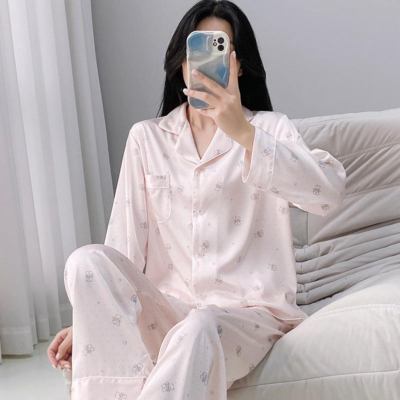 Women's Autumn/Winter Ice Silk Cartoon Pajamas, Korean-Style Sweetheart Set - Long Sleeve & Pants