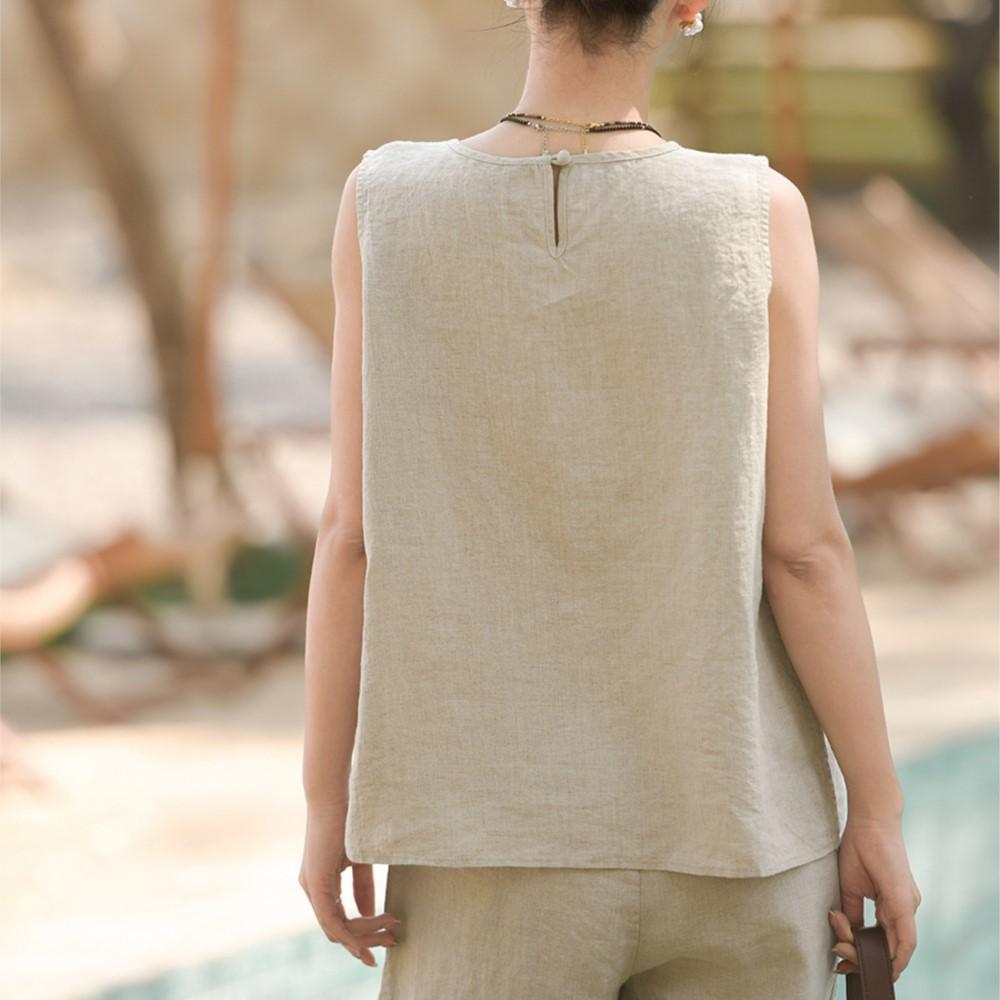 Johnature Women Vintage Tops Summer Chinese Style O-Neck Sleeveless Cloths Solid Color Casual Tops