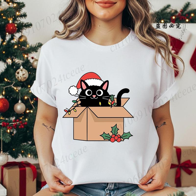 Kitten Xmas Tree Unisexs Casual TShirt Black Cat Christmas Graphic Print TShirts Tops Meowy Xmas Lights Novelty TShirt Tops