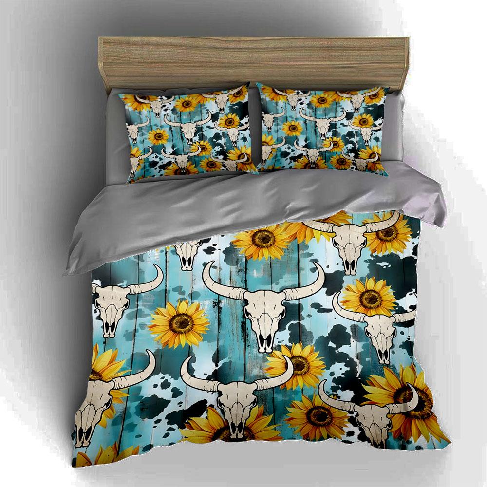 Sunflowers Skulls Woodgrain Bedding Duvet Cover Sets Duvet Covers Pillowcases Gifts (1 * Duvet Cover 2 * Pillowcases, Without Duvet Insert)