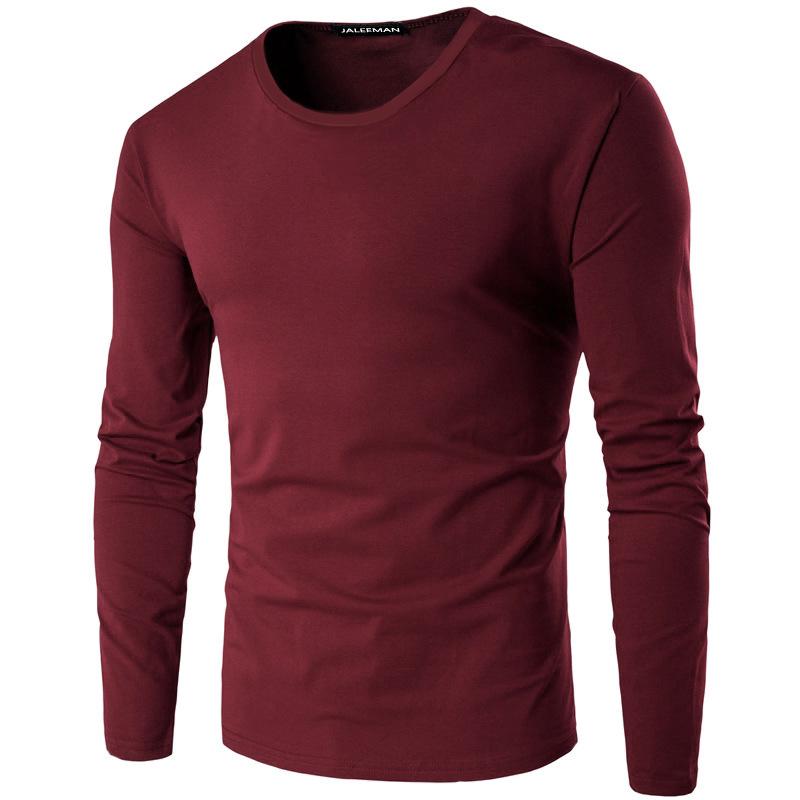 Men's Long-Sleeve Slim Fit Round Neck Cotton T-Shirt - Solid Color Autumn/Winter Collection