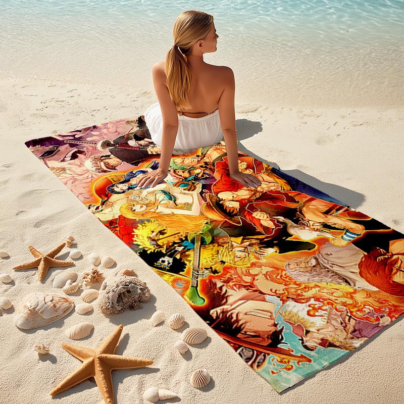 Classic Japanese Element Cartoon ONE PIECE Monkey D. Luffy Beach Towel Outdoor Camping Vacation Swimming Beach Towel Outdoor Absorbent Bath Towel Y15