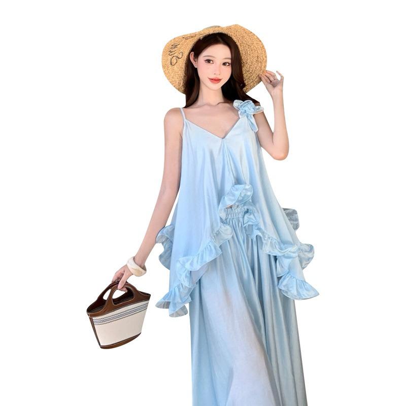 French Fairy Three-dimensional Flower Lotus Leaf Edge Blue Suspender Dress Women's Summer Vacation Pendulum Dress Set