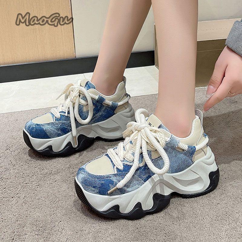 Fashion Women 5.5CM Thick Sole Lace Up Casual Chunky Sneakers Lightweight Comfortable Women Canvas Walking Shoes Outwear Sneakers 35-40