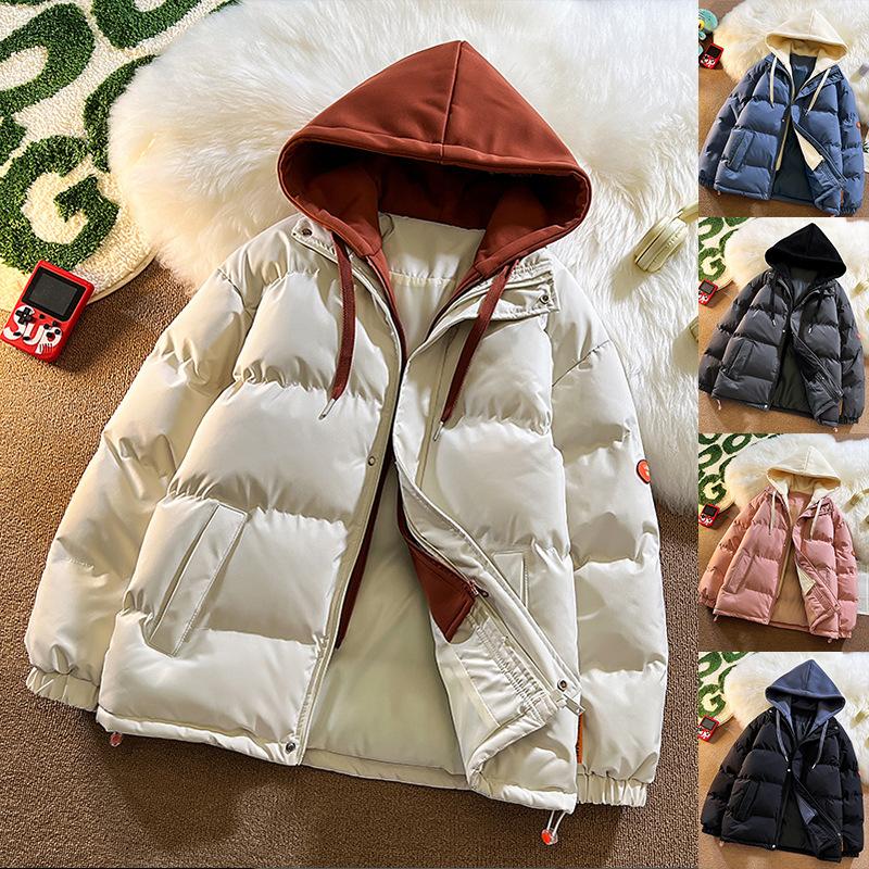 

Мужские хлопковые подкладки Hong Kong Wind Loose Large Size Fake Two Hooded Coats Fashion Brand Thick Winter Bread Coat Lovers Мужские хлопковые подкладки M