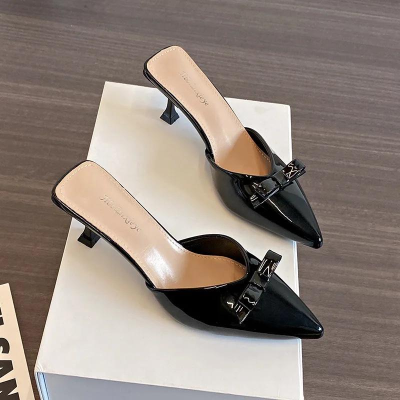 Elegant Pointed Toe French Style High Heel Slippers for Women Outdoor Wear Butterfly Knot Thin Heel Half Slippers Rubber Sole