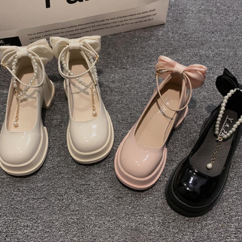 Mary Jane-skor för kvinnor Vår Fransk Pärla Mode Allmatch Tjock Klack Läderskor