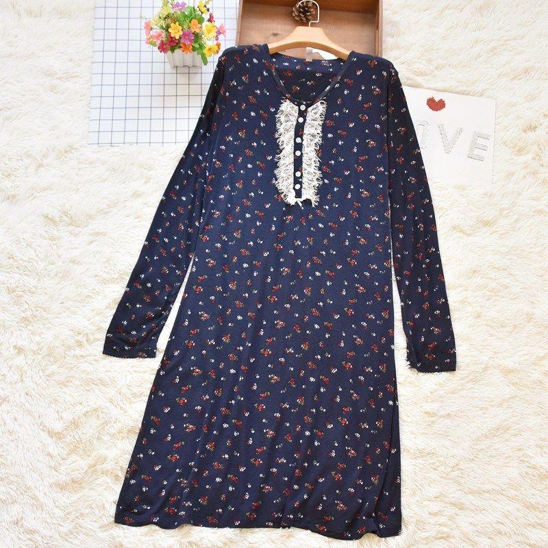 

Spring and Summer Rayon Soft and Comfortable Elastic Viscose Nightdress Dark blue floral L
