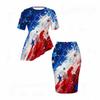 Women Plus Size White Star Printed Round Neck Short Sleeve Two Piece Set Asymmetric Top Pencil Skirt
