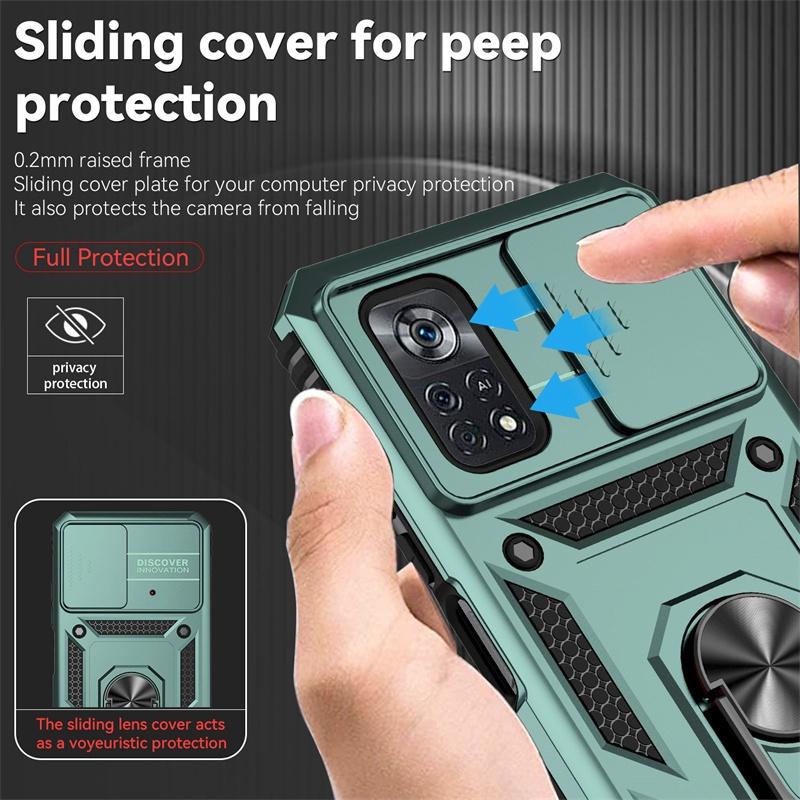 For Xiaomi Poco X4 Pro 5G Case Armor Slide Lens Protect Cover For Poko Little X4 Pro X4Pro PocoX4Pro Ring Stand Shockproof Funda
