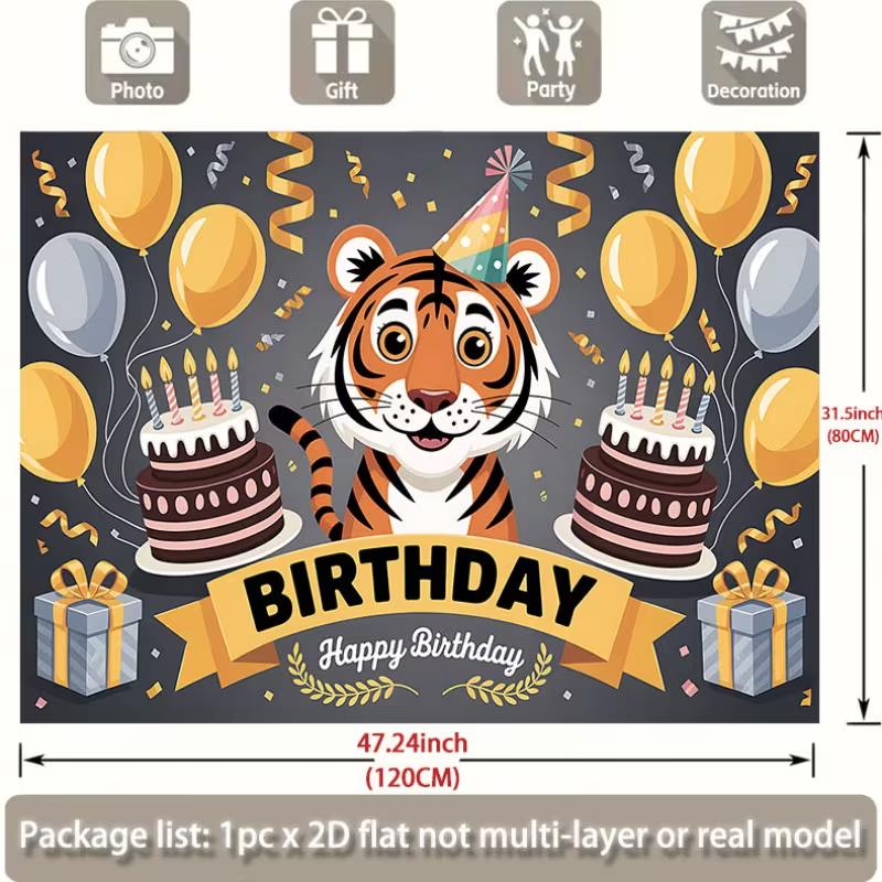 2D Animal Themed Birthday Backdrop, Cute Tiger "Happy Birthday" Photography Background