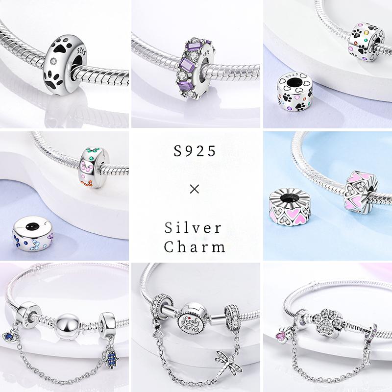Silberner Verschluss, 925er Silber, Silikon-Abstandshalter, Pavé-Rundclip-Anhänger, Kleeblatt-Sternperlen, feste Sicherheitskette, passend für Original-Armbandschmuck