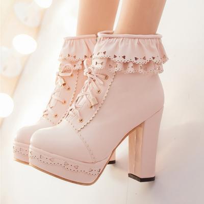 Moda Otoño Invierno Botines de Mujer Plataforma Blanco Negro Rosa Dulce Bota Corta con Cordones Calzado Zapatos Lolitas Niñas Talla Grande 45