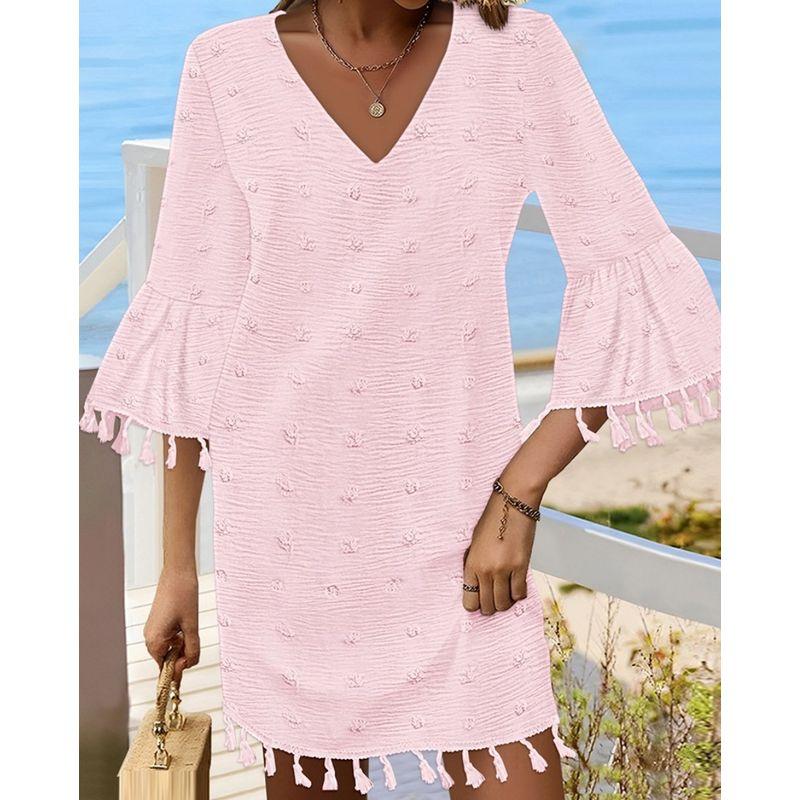 

Spring Summer Solid Simple Casual Short dress V-neck Half Sleeve Loose Tassel Dress Women Pink XXL