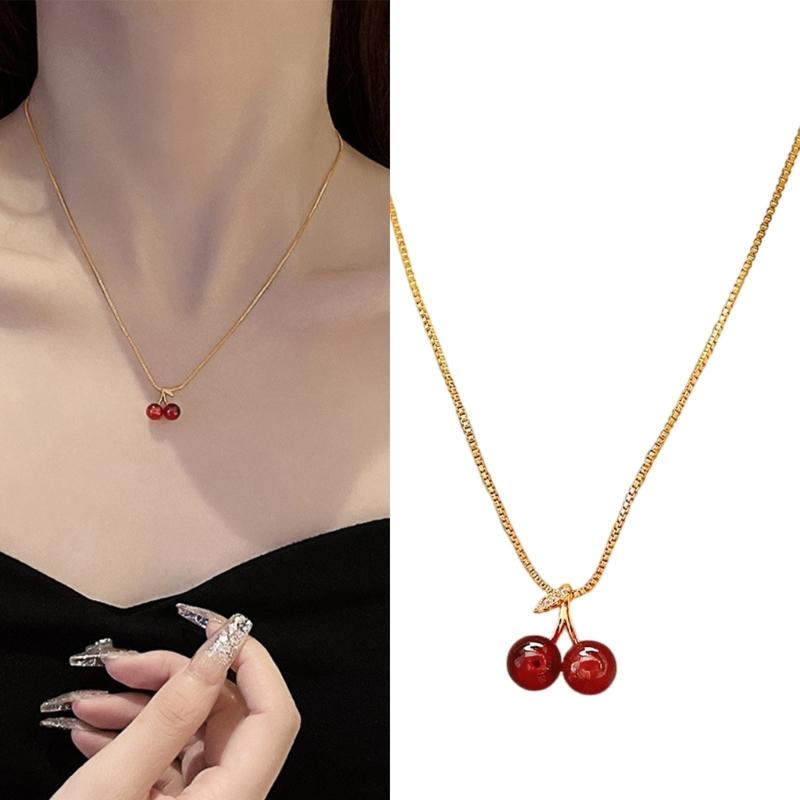 Fashionable Red Cherry Pendant Necklace with 40+5cm Adjustable Chain Lightweight Choker Jewelry Birthday Gift