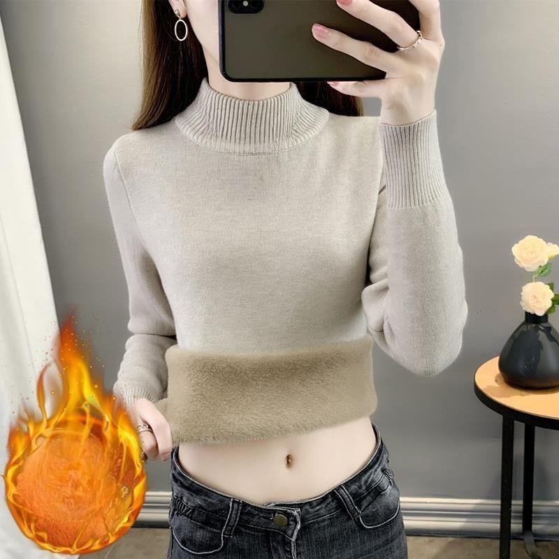 

Женский элегантный свитер с подкладкой из плотного бархата, зимний теплый вязаный пуловер с полувысоким воротом, тонкие джемперы, трикотаж 2XL хаки